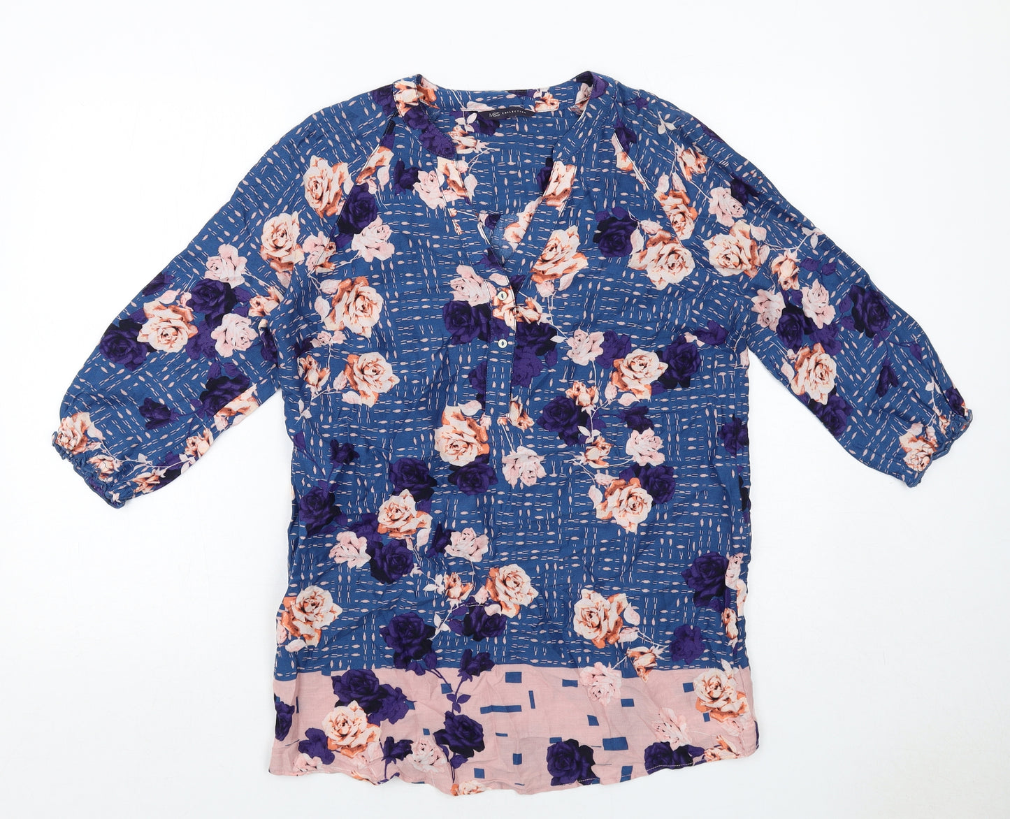 Marks and Spencer Womens Blue Floral Viscose Basic Blouse Size 8 V-Neck
