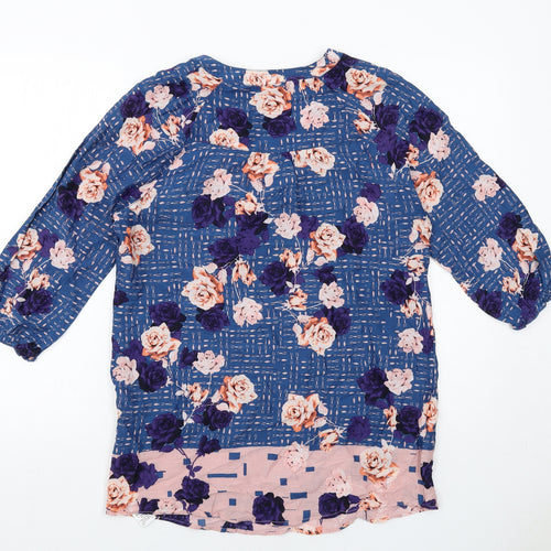 Marks and Spencer Womens Blue Floral Viscose Basic Blouse Size 8 V-Neck