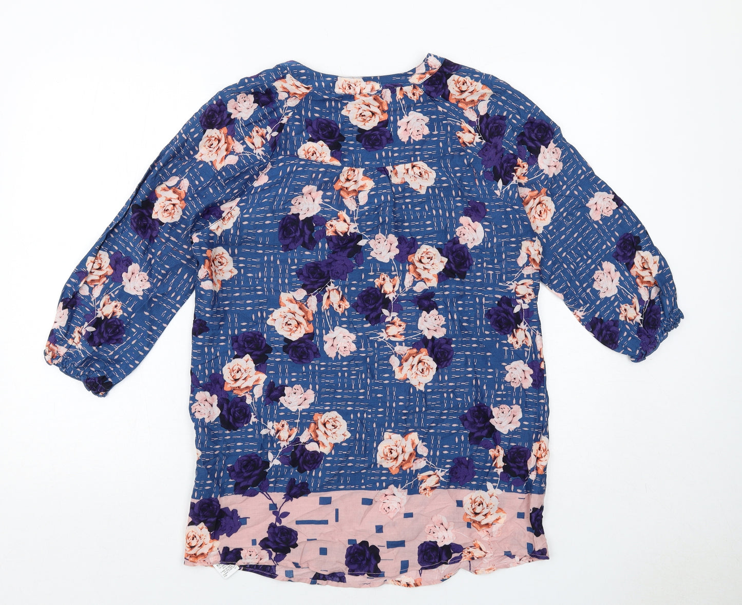 Marks and Spencer Womens Blue Floral Viscose Basic Blouse Size 8 V-Neck