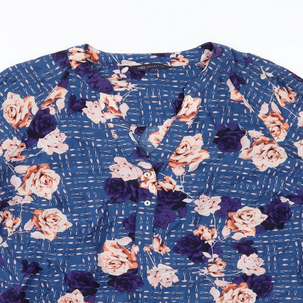 Marks and Spencer Womens Blue Floral Viscose Basic Blouse Size 8 V-Neck