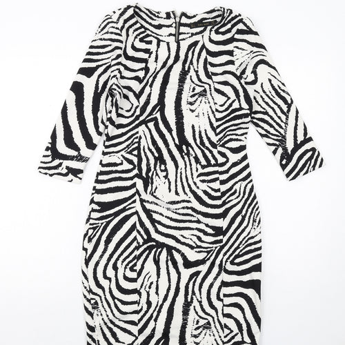 Zara Womens White Geometric Polyester Bodycon Size S Boat Neck Zip