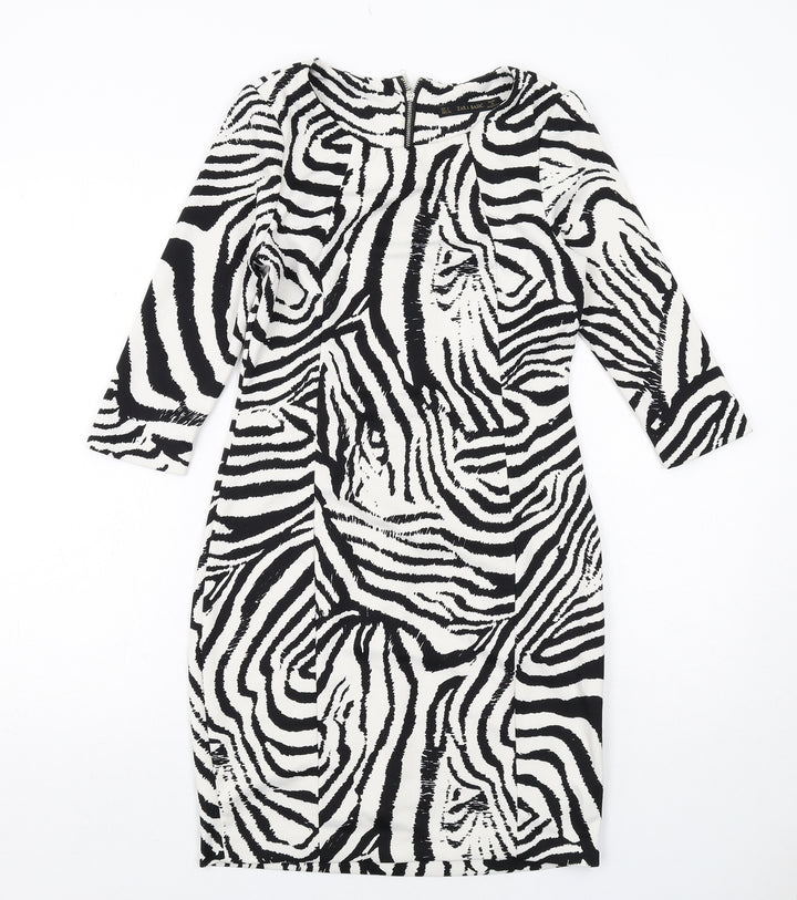 Zara Womens White Geometric Polyester Bodycon Size S Boat Neck Zip