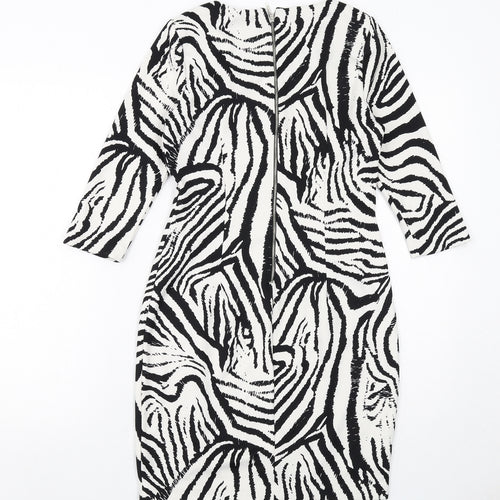 Zara Womens White Geometric Polyester Bodycon Size S Boat Neck Zip