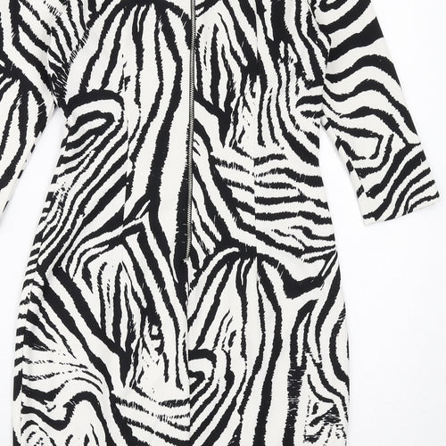 Zara Womens White Geometric Polyester Bodycon Size S Boat Neck Zip