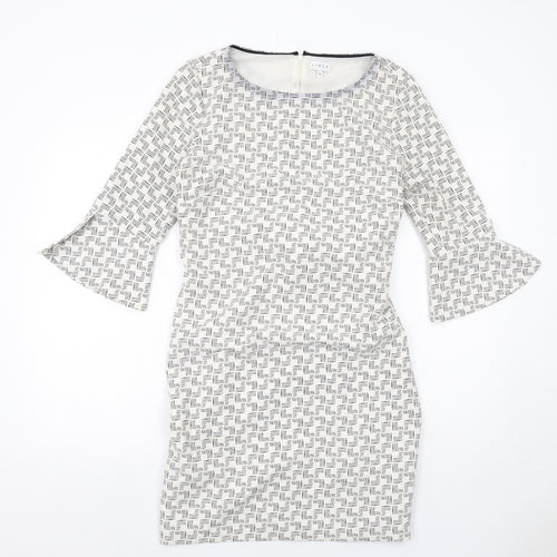 Linea Womens White Geometric Polyester Pencil Dress Size 12 Boat Neck Zip - Flute Sleeve