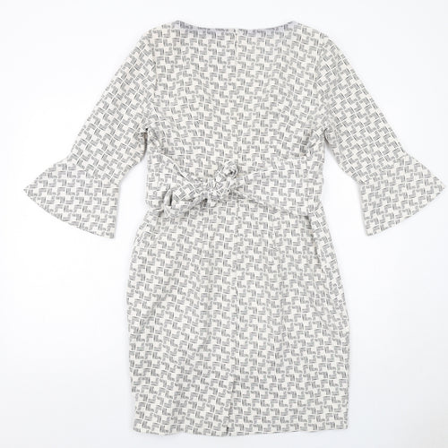 Linea Womens White Geometric Polyester Pencil Dress Size 12 Boat Neck Zip - Flute Sleeve