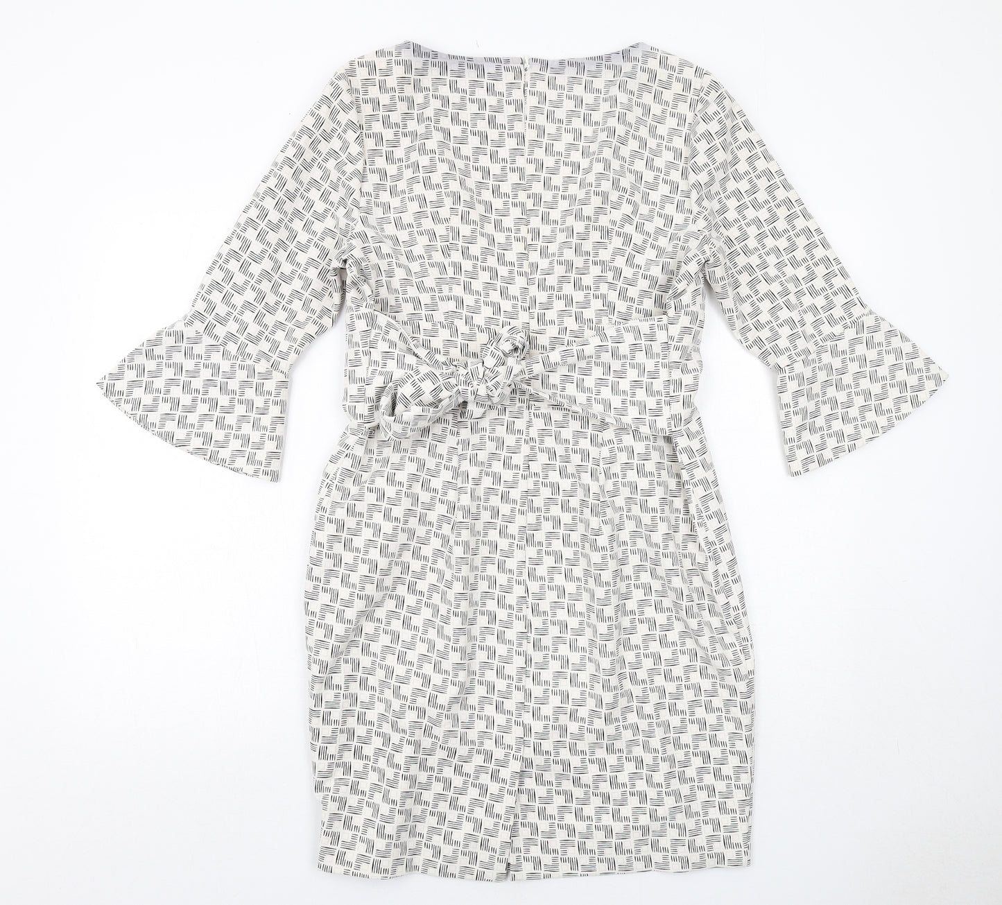 Linea Womens White Geometric Polyester Pencil Dress Size 12 Boat Neck Zip - Flute Sleeve