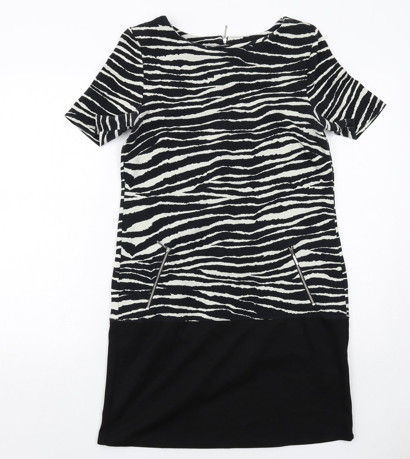 Wallis Womens Black Animal Print Cotton Shift Size 10 Boat Neck Zip - Zebra Print