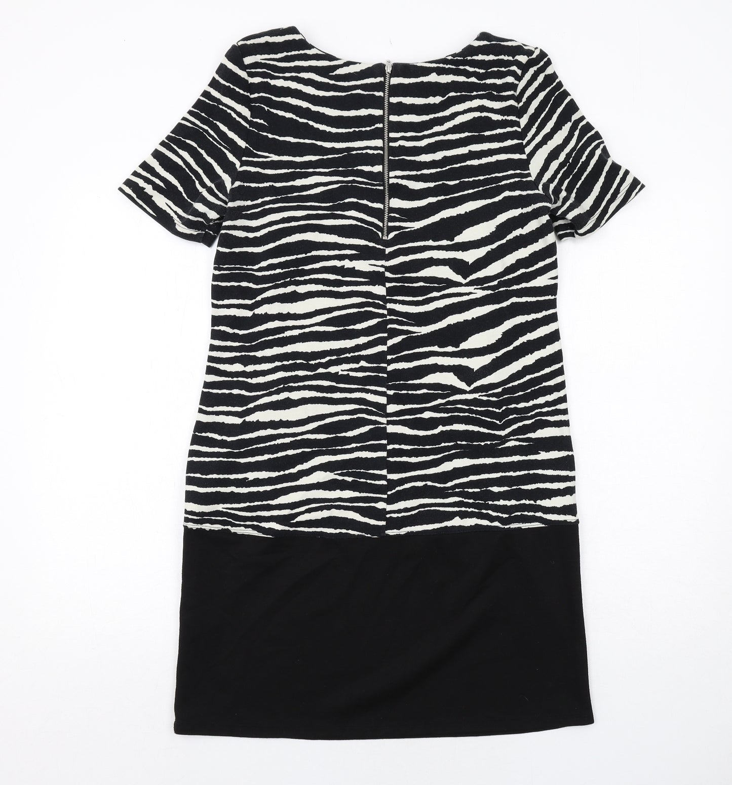 Wallis Womens Black Animal Print Cotton Shift Size 10 Boat Neck Zip - Zebra Print