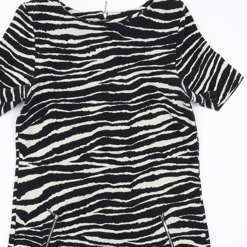 Wallis Womens Black Animal Print Cotton Shift Size 10 Boat Neck Zip - Zebra Print