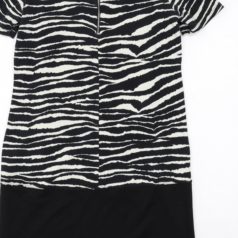Wallis Womens Black Animal Print Cotton Shift Size 10 Boat Neck Zip - Zebra Print