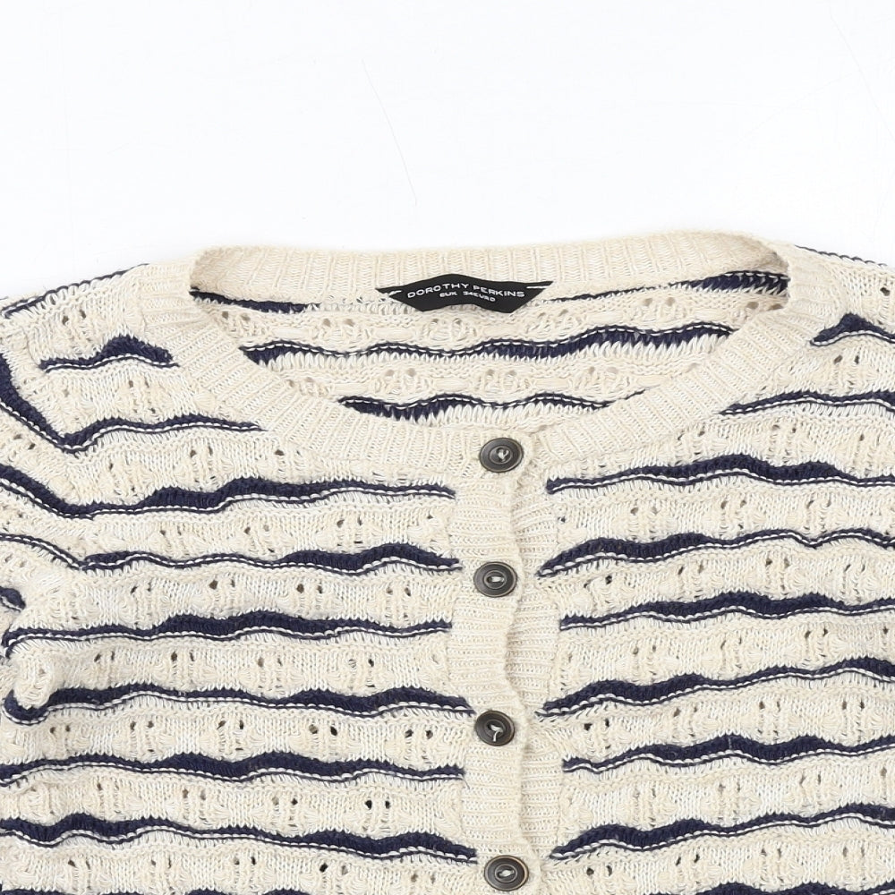 Dorothy Perkins Womens Beige Round Neck Striped Acrylic Cardigan Jumper Size 6
