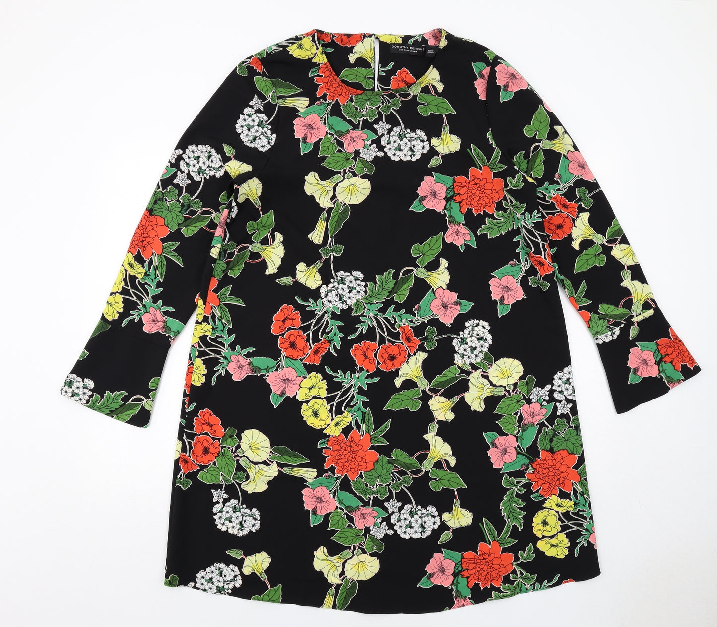 Dorothy Perkins Womens Black Floral Polyester Shift Size 14 Boat Neck Button