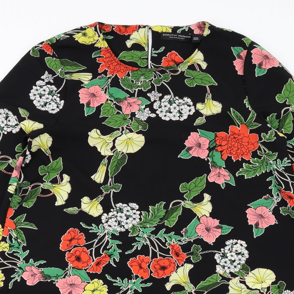 Dorothy Perkins Womens Black Floral Polyester Shift Size 14 Boat Neck Button