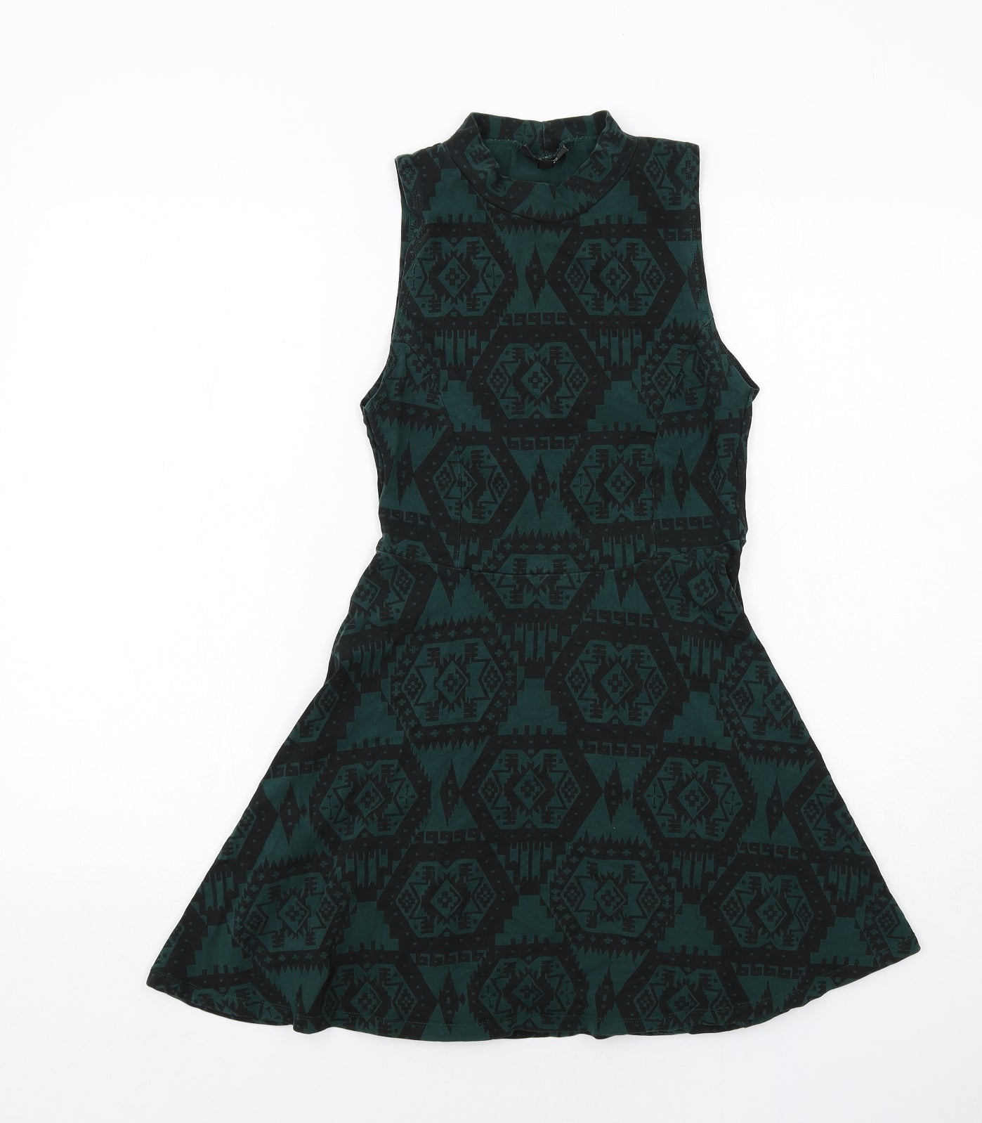 Topshop Womens Green Geometric Cotton Fit & Flare Size 10 Mock Neck Pullover