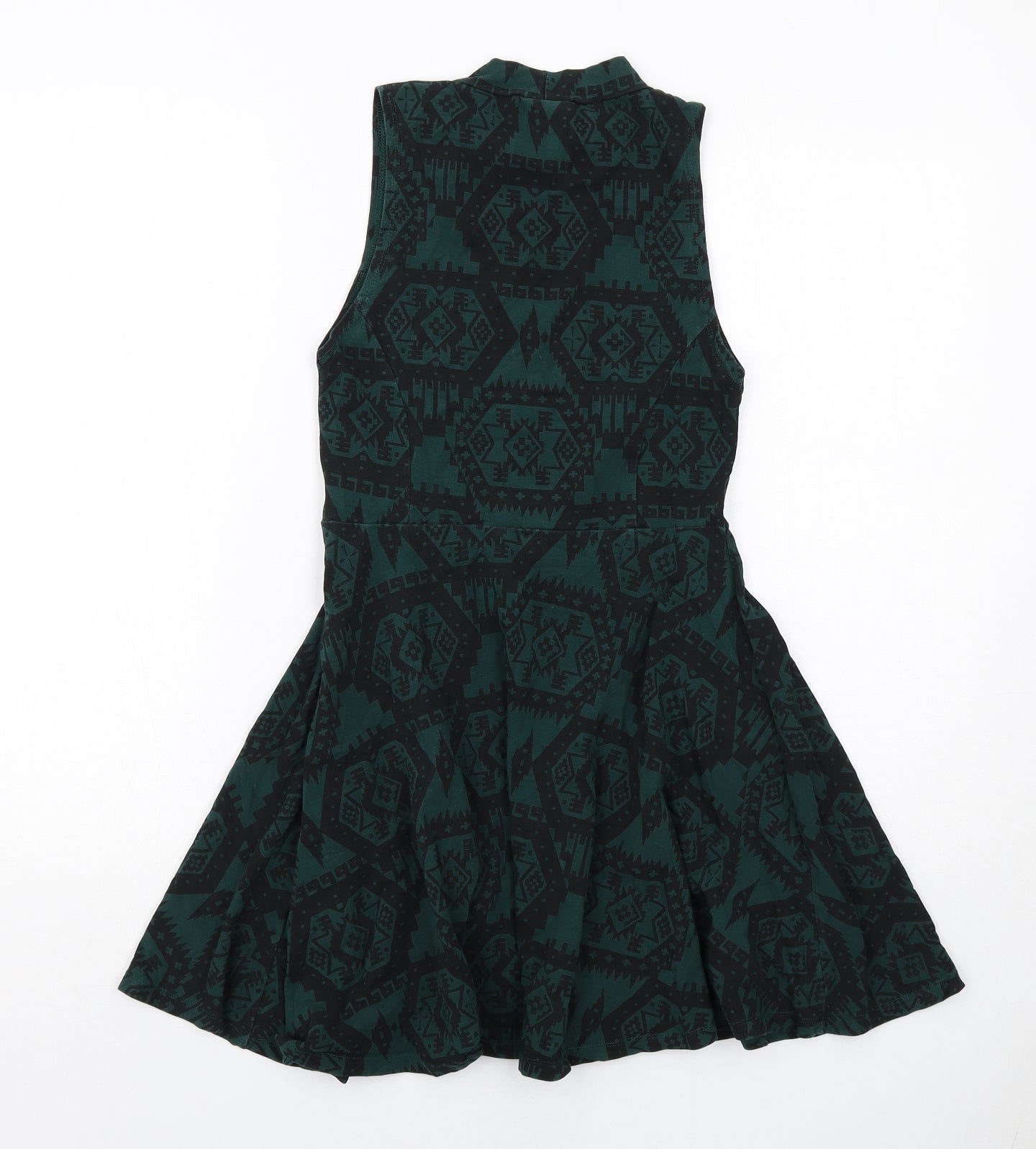 Topshop Womens Green Geometric Cotton Fit & Flare Size 10 Mock Neck Pullover