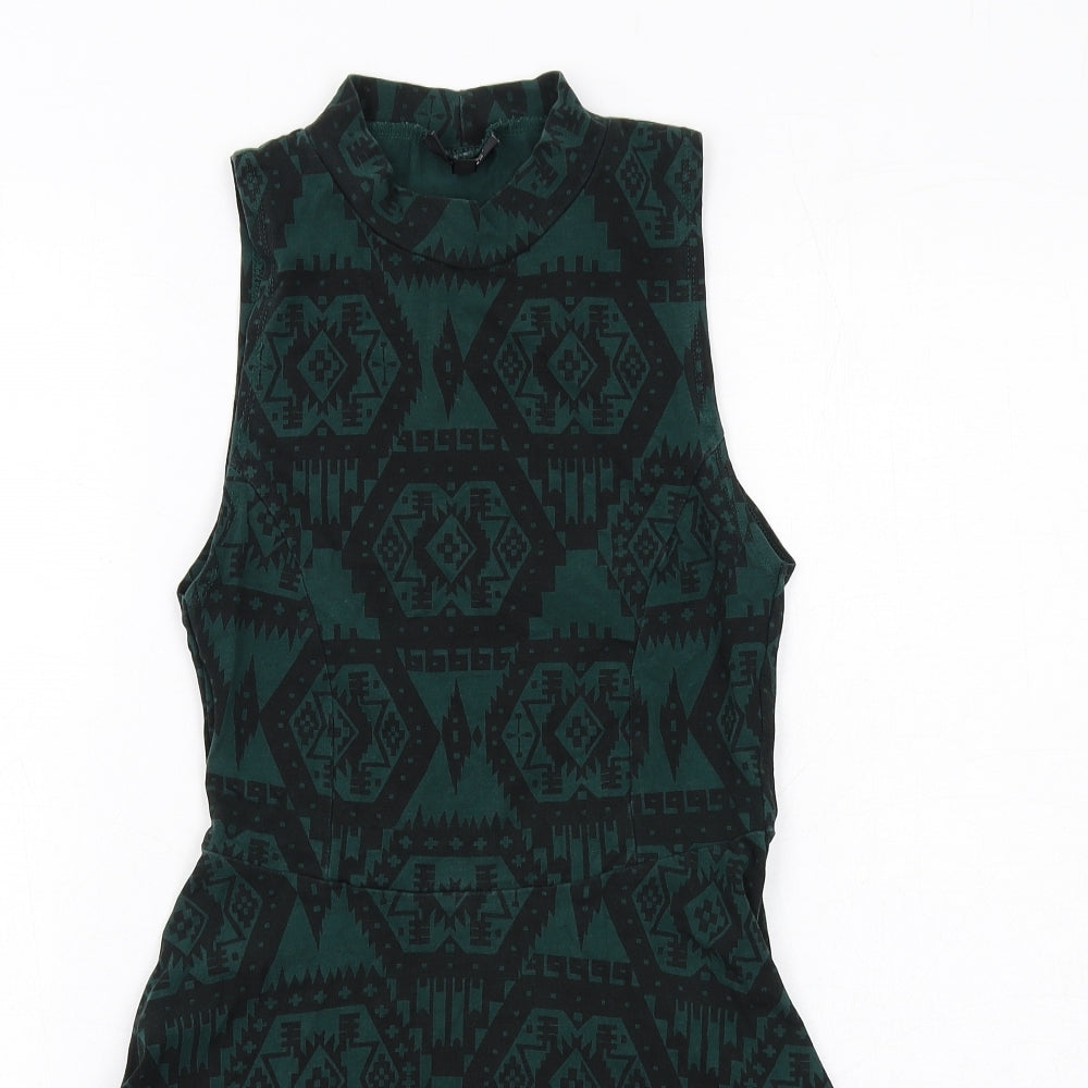 Topshop Womens Green Geometric Cotton Fit & Flare Size 10 Mock Neck Pullover