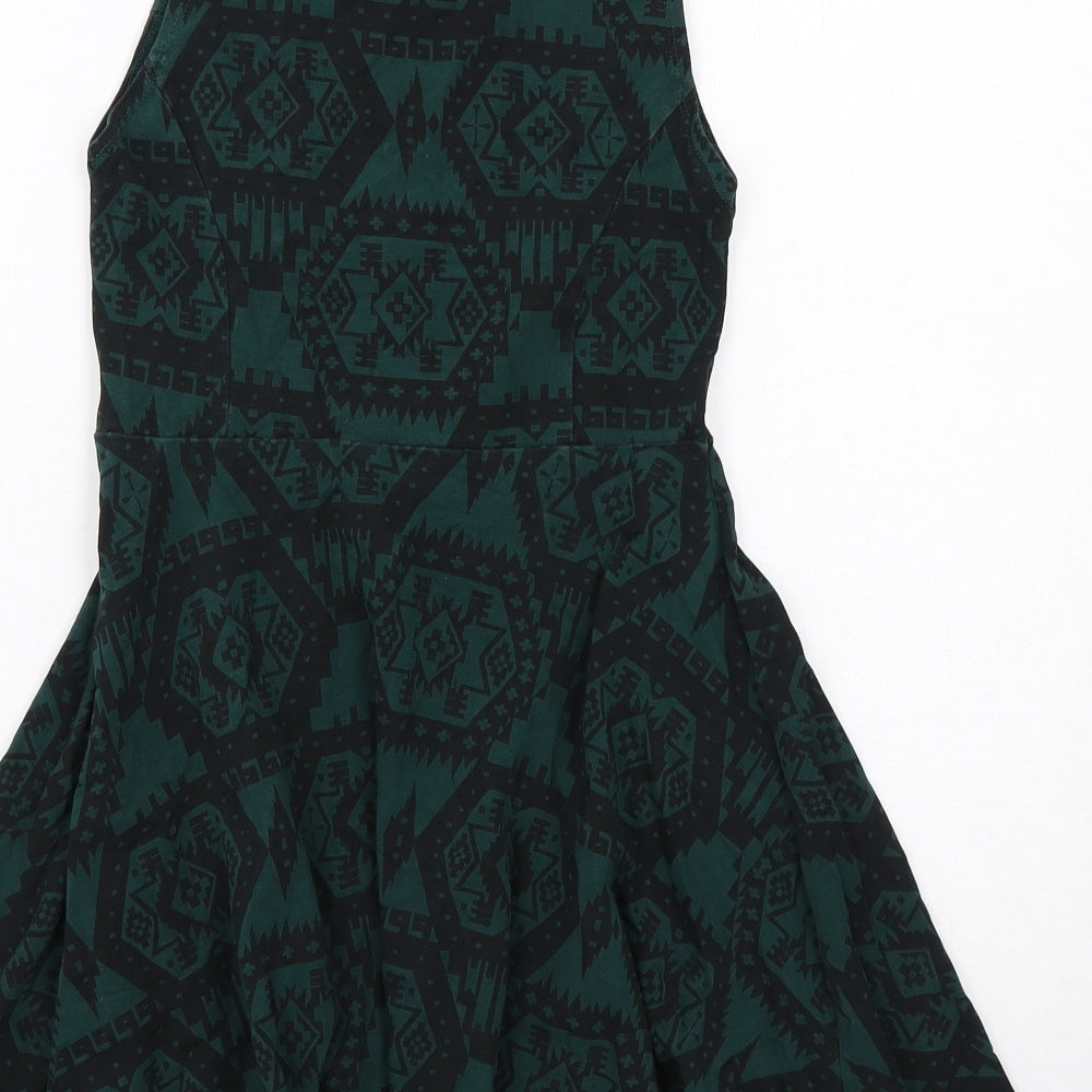 Topshop Womens Green Geometric Cotton Fit & Flare Size 10 Mock Neck Pullover
