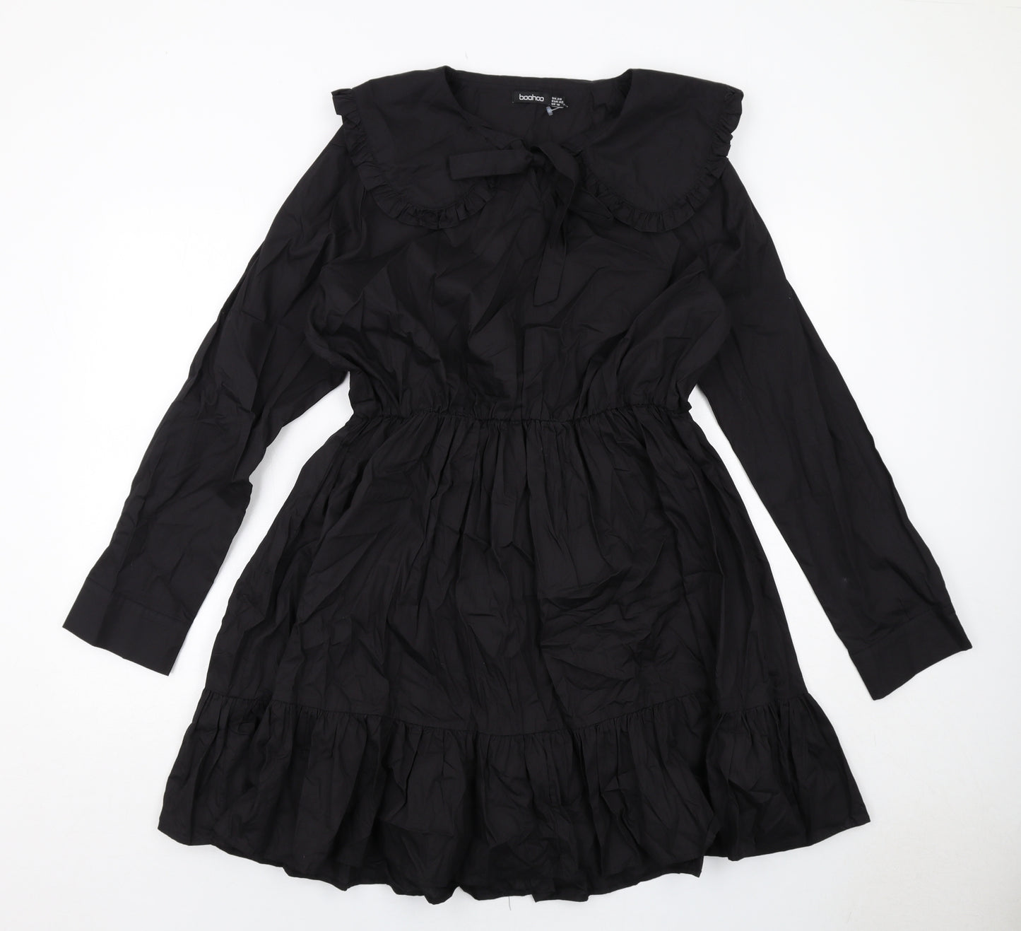Boohoo Womens Black Cotton Skater Dress Size 20 Collared Tie