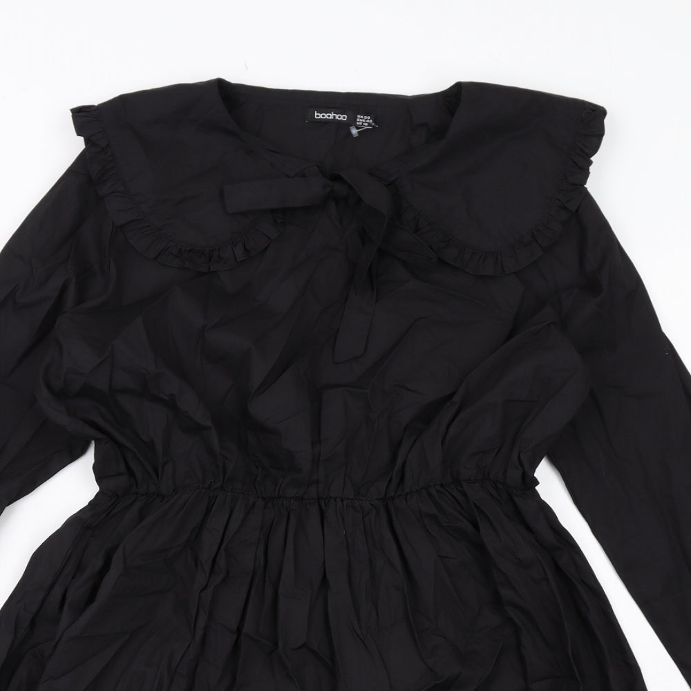 Boohoo Womens Black Cotton Skater Dress Size 20 Collared Tie