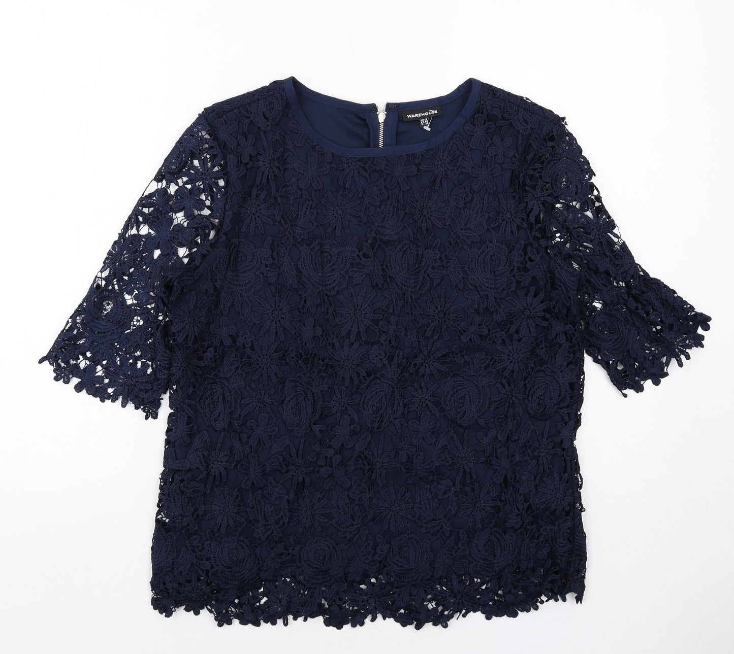 Warehouse Womens Blue Floral Polyester Basic T-Shirt Size 12 Round Neck