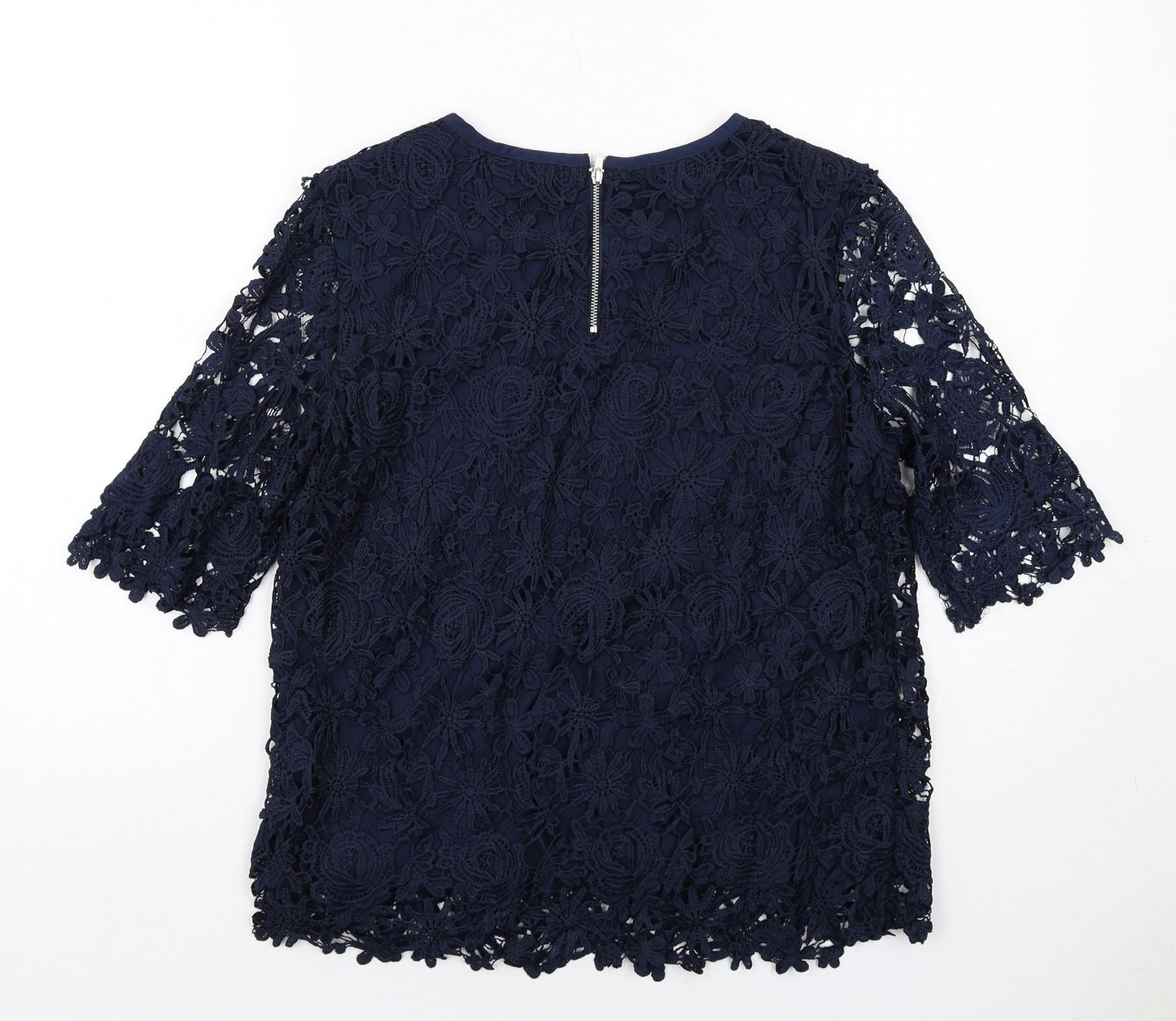 Warehouse Womens Blue Floral Polyester Basic T-Shirt Size 12 Round Neck