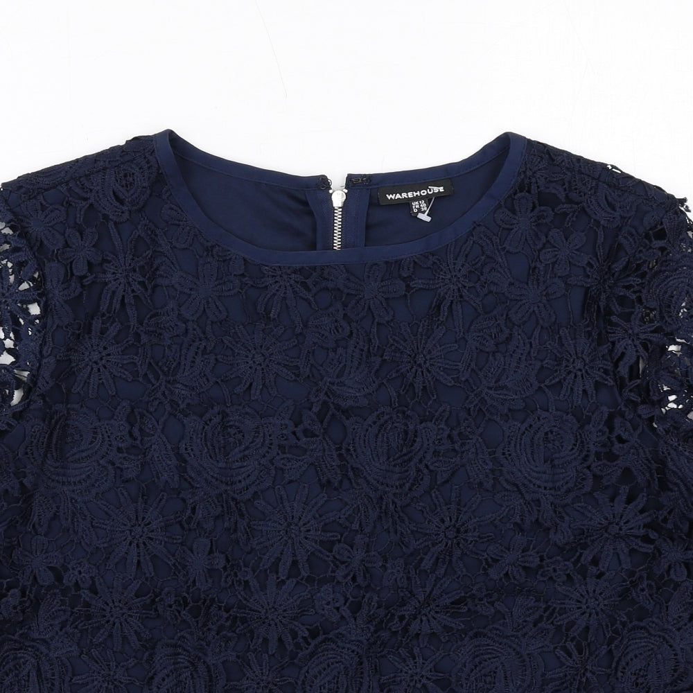 Warehouse Womens Blue Floral Polyester Basic T-Shirt Size 12 Round Neck