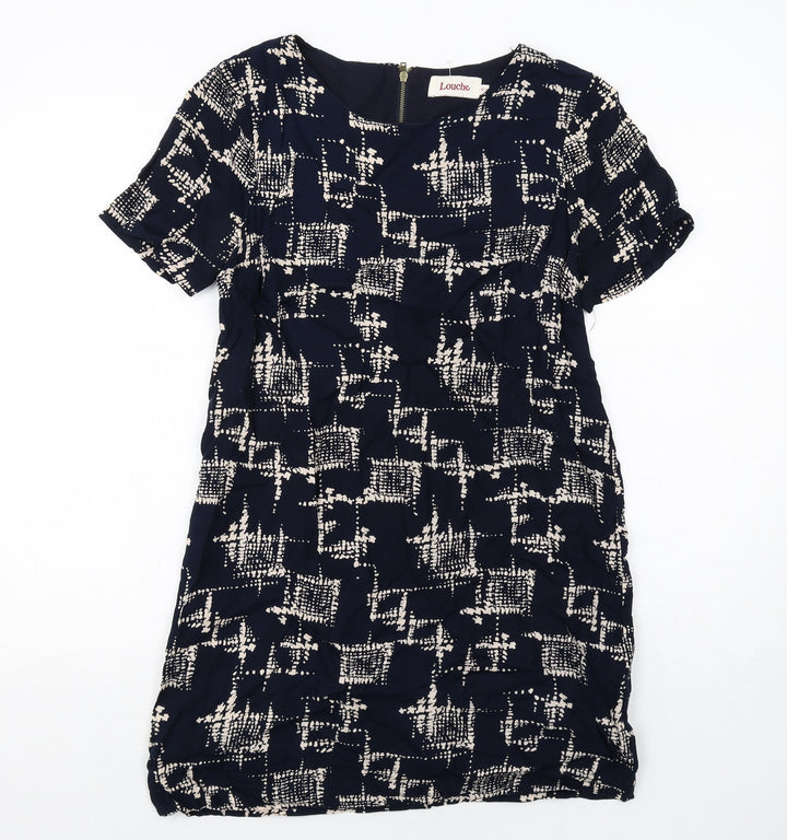 Louche Womens Blue Geometric Viscose Shift Size 10 Boat Neck Zip