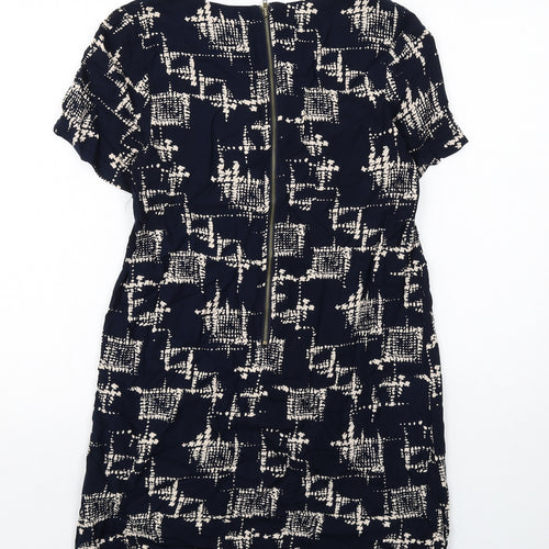 Louche Womens Blue Geometric Viscose Shift Size 10 Boat Neck Zip