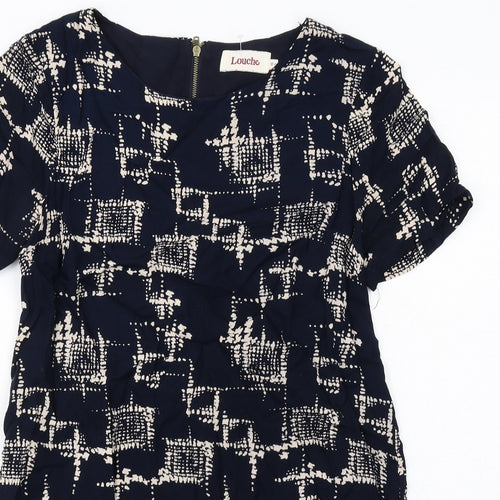 Louche Womens Blue Geometric Viscose Shift Size 10 Boat Neck Zip