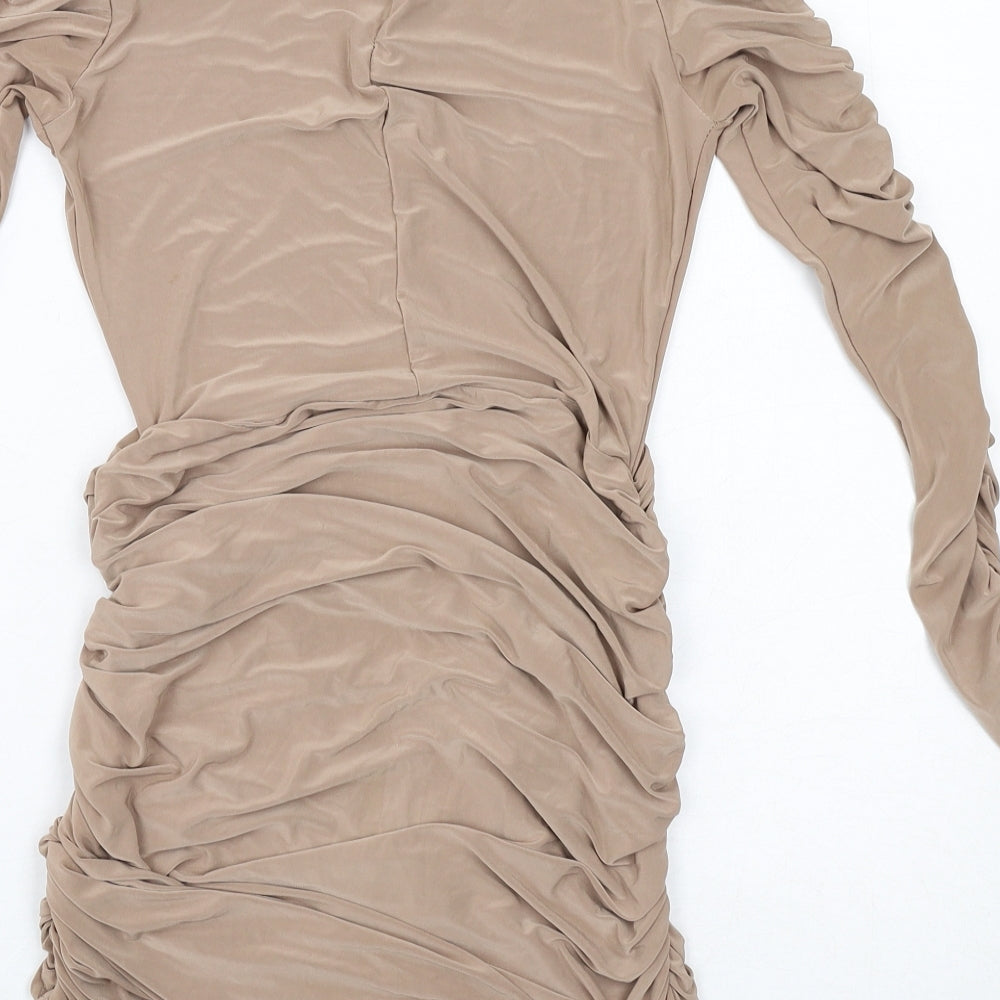 Missguided Womens Beige Polyester Bodycon Size 12 Mock Neck Zip