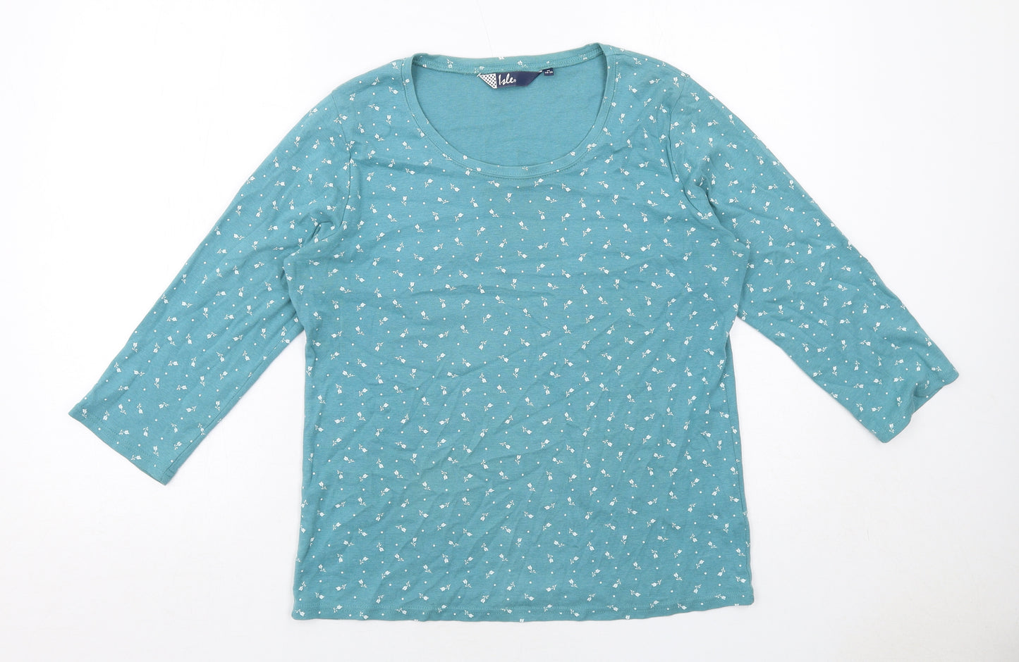 EWM Womens Blue Geometric Cotton Basic T-Shirt Size M Round Neck