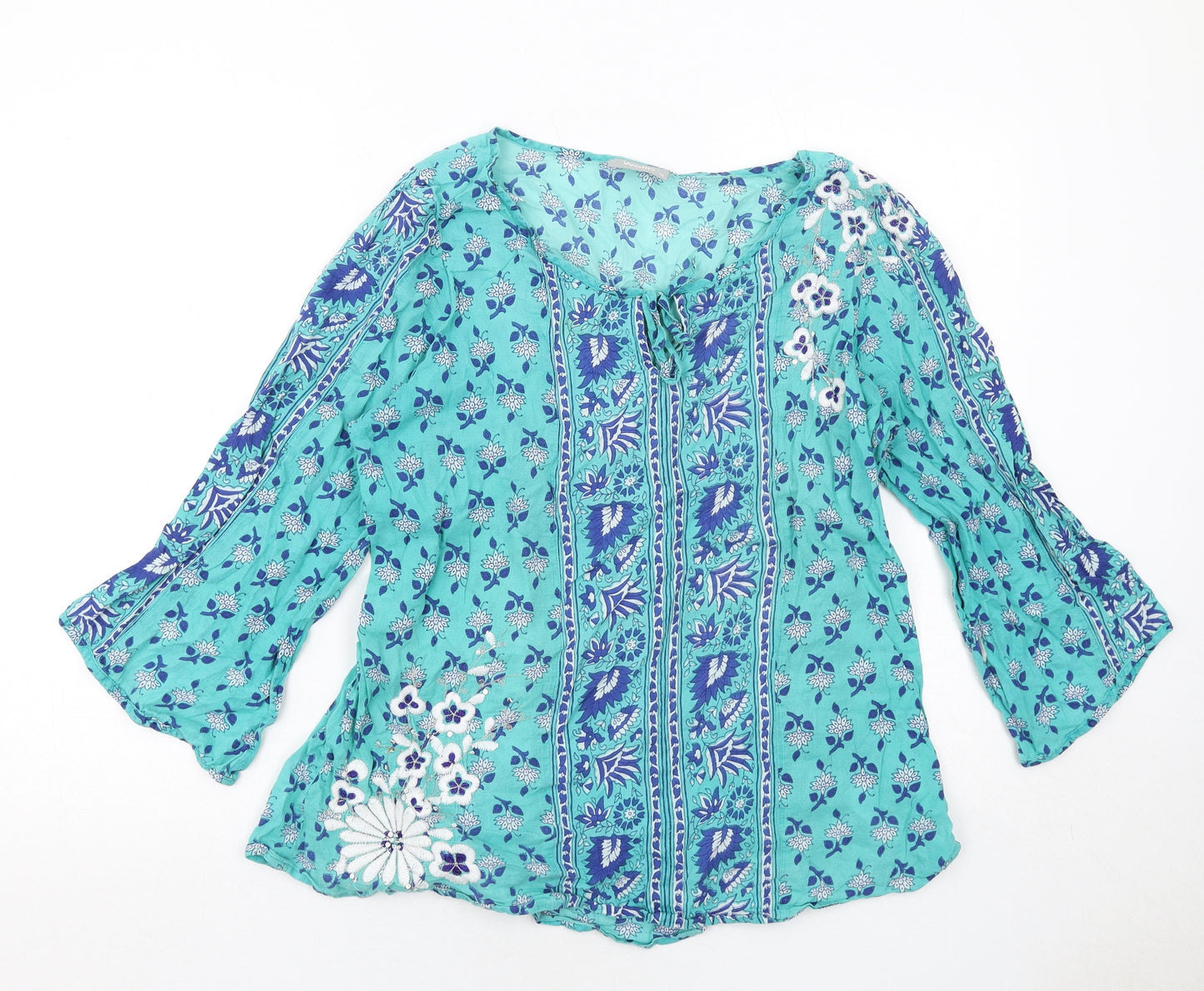 Wallis Womens Blue Geometric Cotton Basic Blouse Size 18 Round Neck