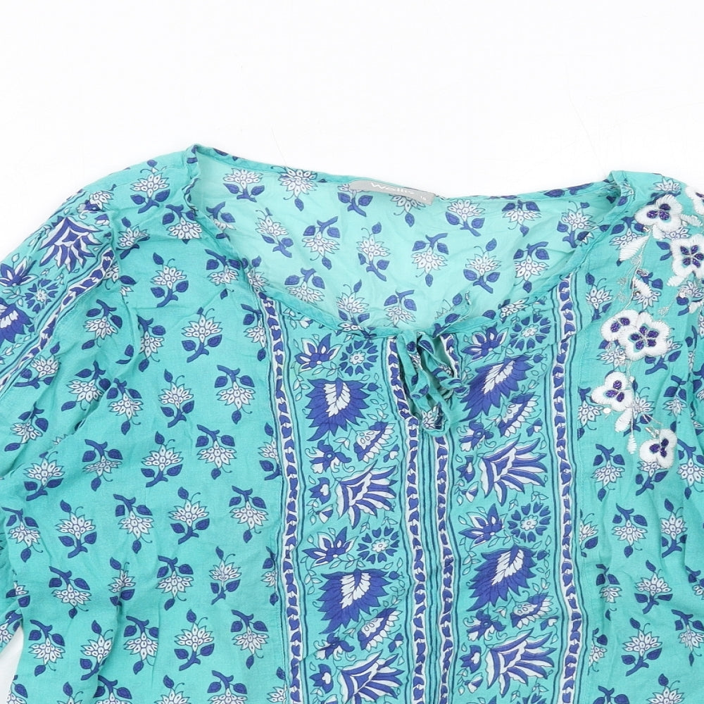 Wallis Womens Blue Geometric Cotton Basic Blouse Size 18 Round Neck