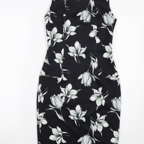 Marks and Spencer Womens Black Floral Polyester Shift Size 8 Round Neck Zip