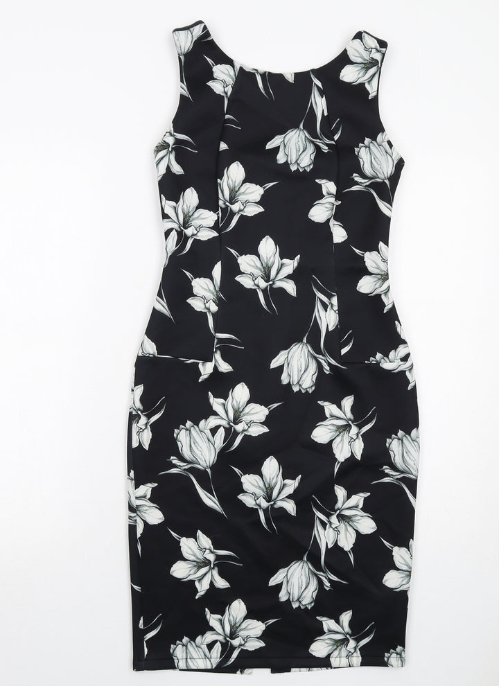 Marks and Spencer Womens Black Floral Polyester Shift Size 8 Round Neck Zip