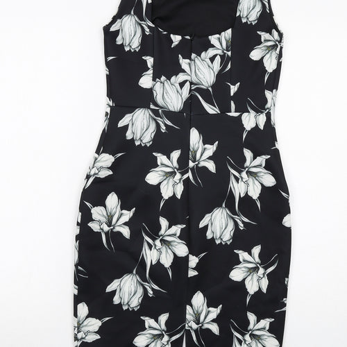 Marks and Spencer Womens Black Floral Polyester Shift Size 8 Round Neck Zip