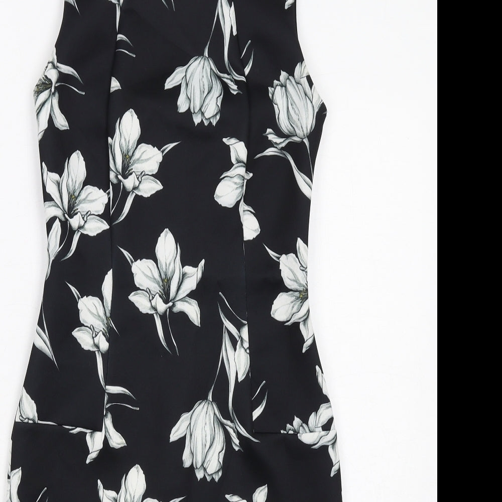 Marks and Spencer Womens Black Floral Polyester Shift Size 8 Round Neck Zip