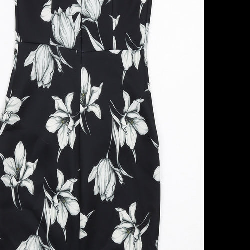 Marks and Spencer Womens Black Floral Polyester Shift Size 8 Round Neck Zip