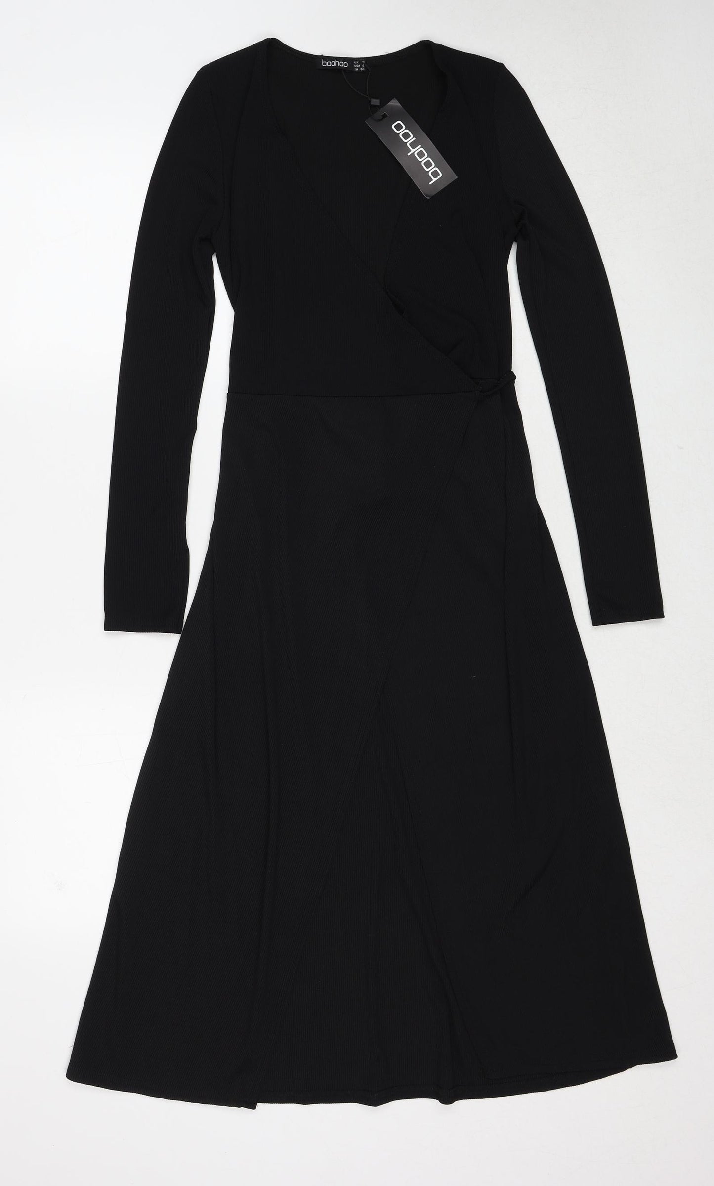 Boohoo Womens Black Polyester Wrap Dress Size 8 Round Neck Tie