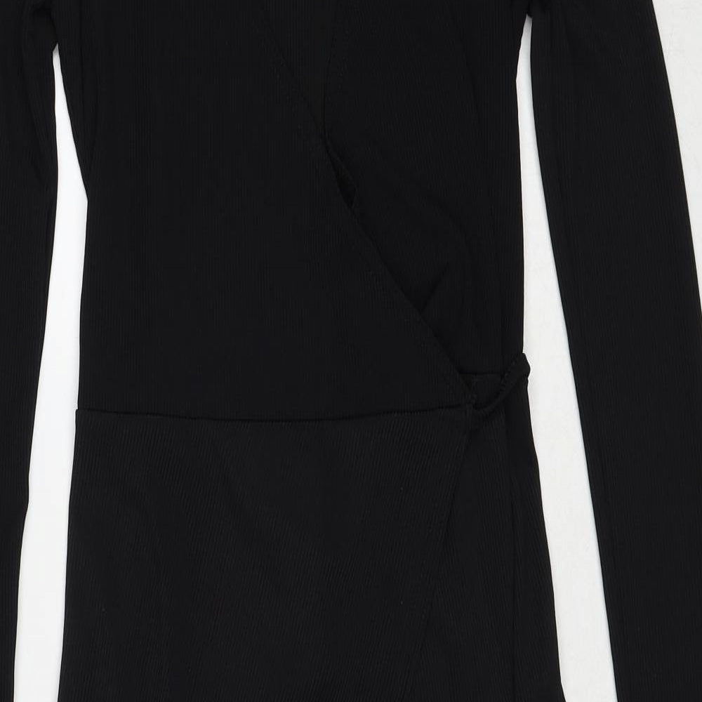 Boohoo Womens Black Polyester Wrap Dress Size 8 Round Neck Tie