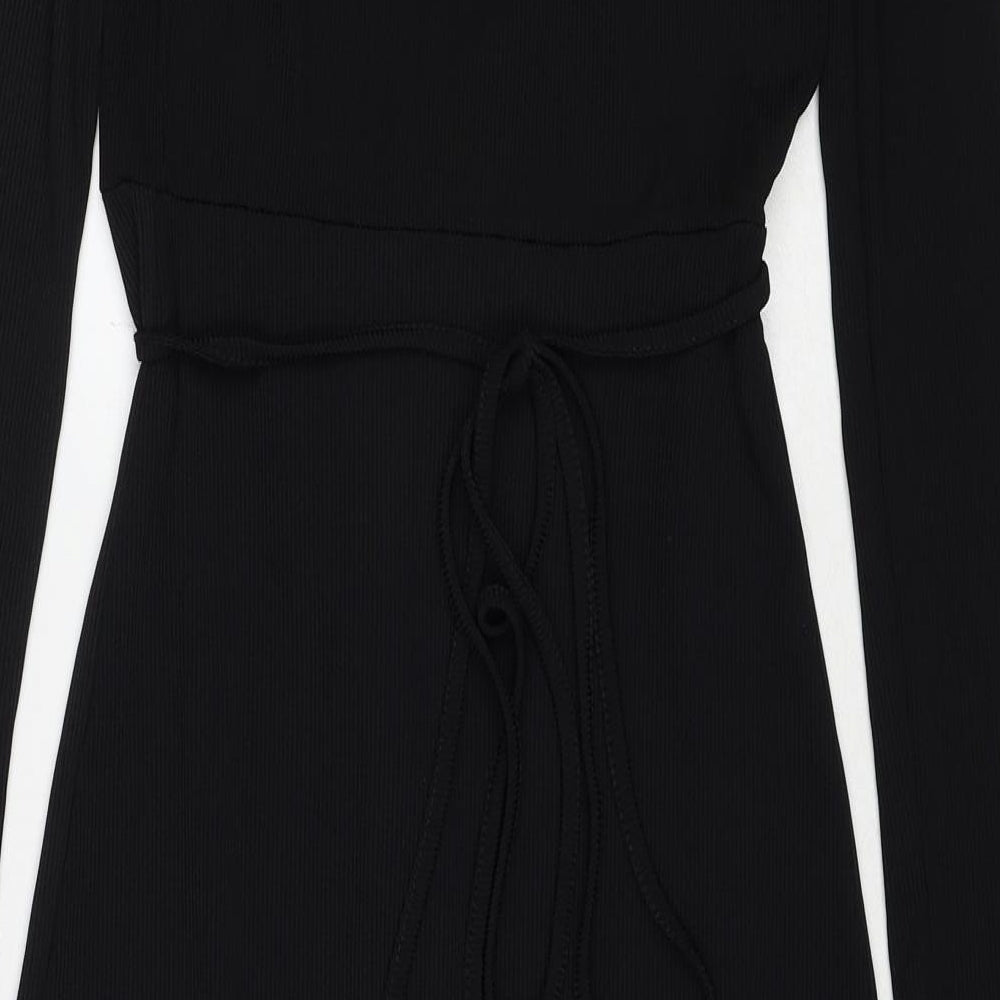 Boohoo Womens Black Polyester Wrap Dress Size 8 Round Neck Tie