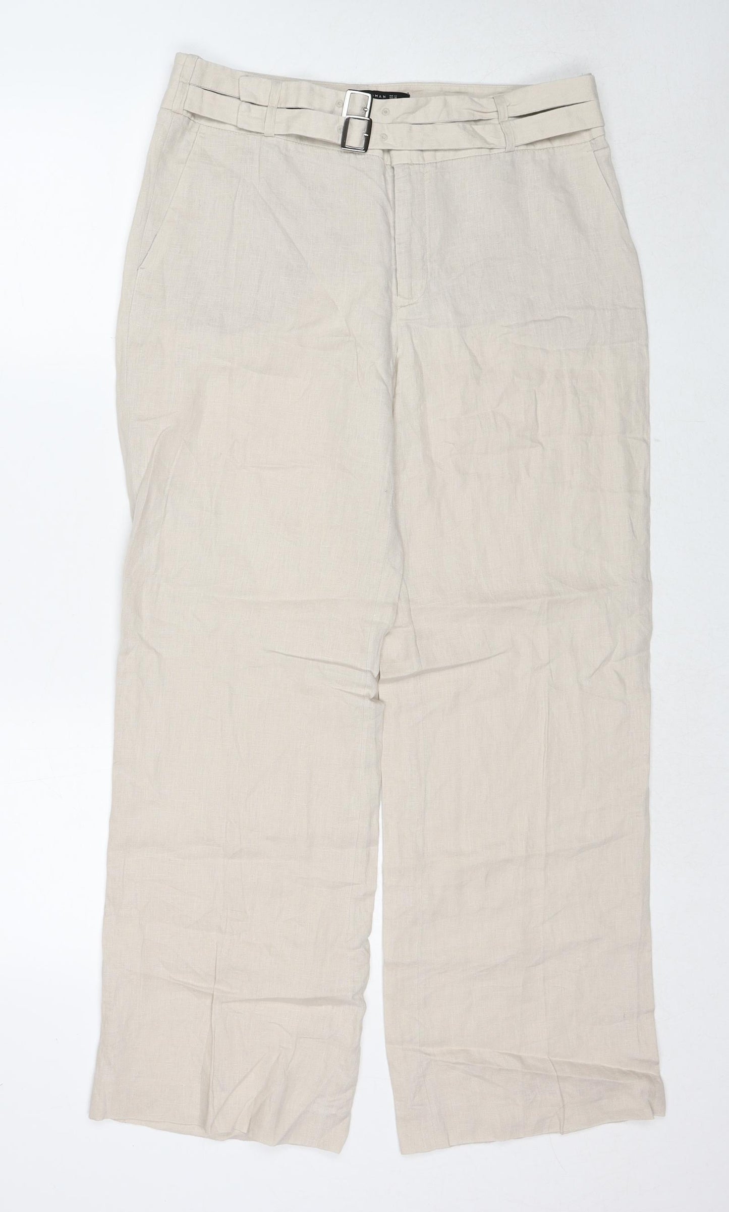 Zara Womens Beige Linen Trousers Size 14 Regular Zip