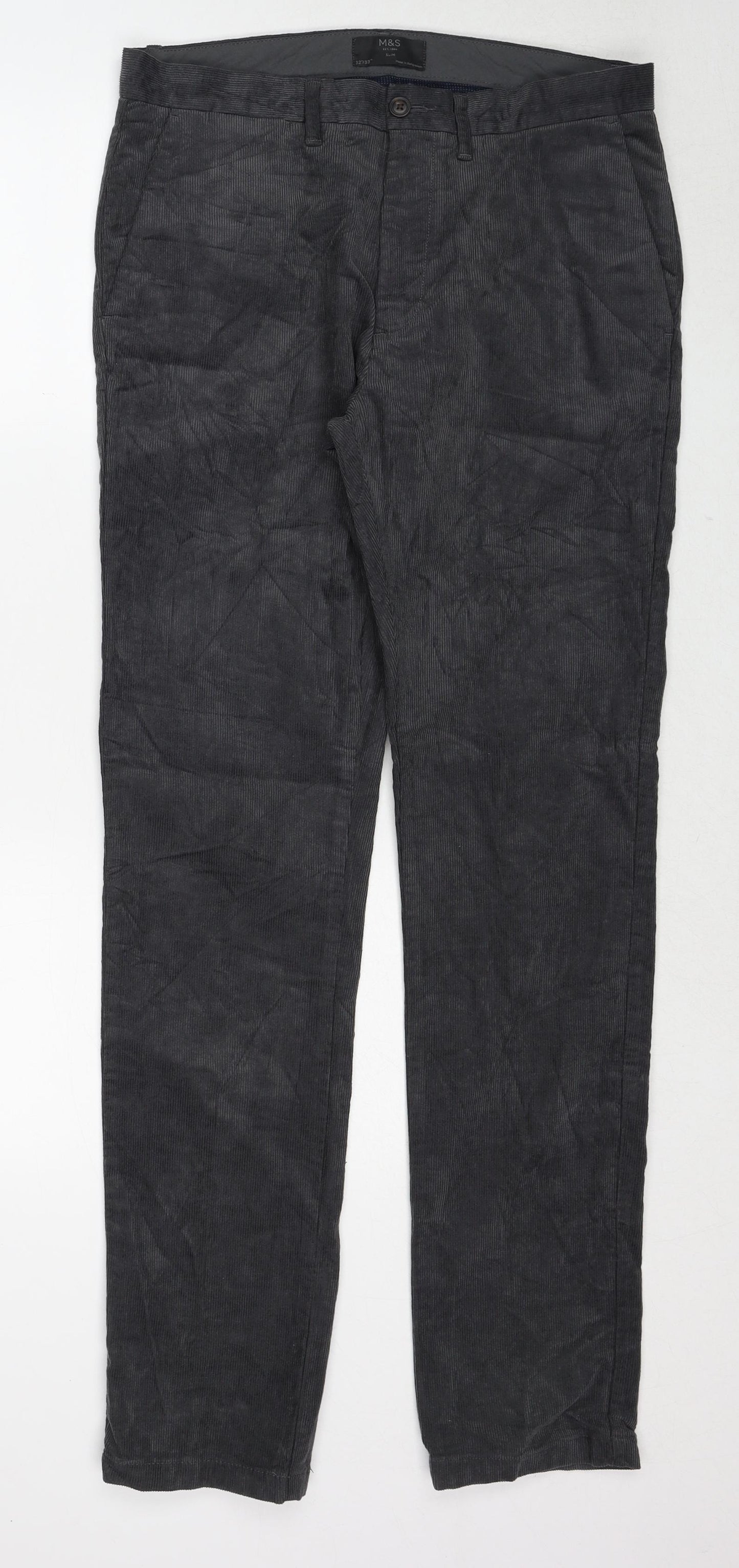 Marks and Spencer Mens Grey Cotton Trousers Size 32 in L33 in Regular Zip
