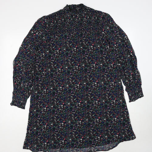 Marks and Spencer Womens Black Floral Viscose A-Line Size 8 Mock Neck Button