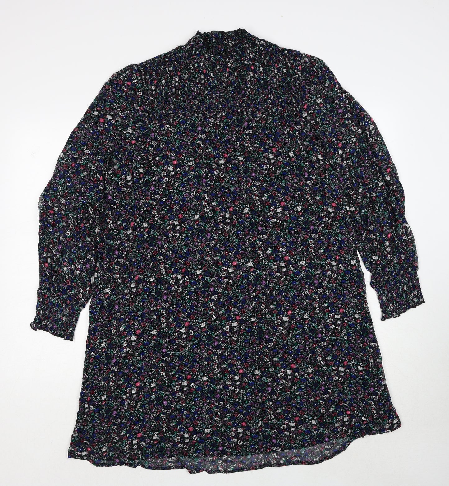 Marks and Spencer Womens Black Floral Viscose A-Line Size 8 Mock Neck Button