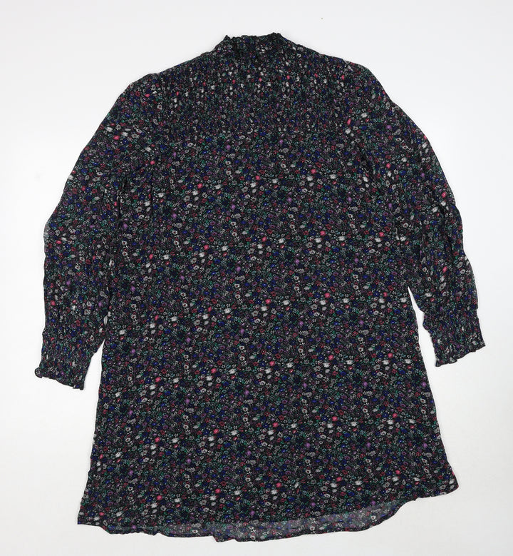 Marks and Spencer Womens Black Floral Viscose A-Line Size 8 Mock Neck Button