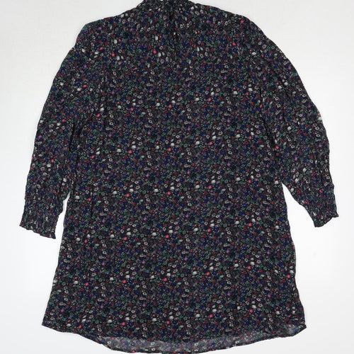 Marks and Spencer Womens Black Floral Viscose A-Line Size 8 Mock Neck Button