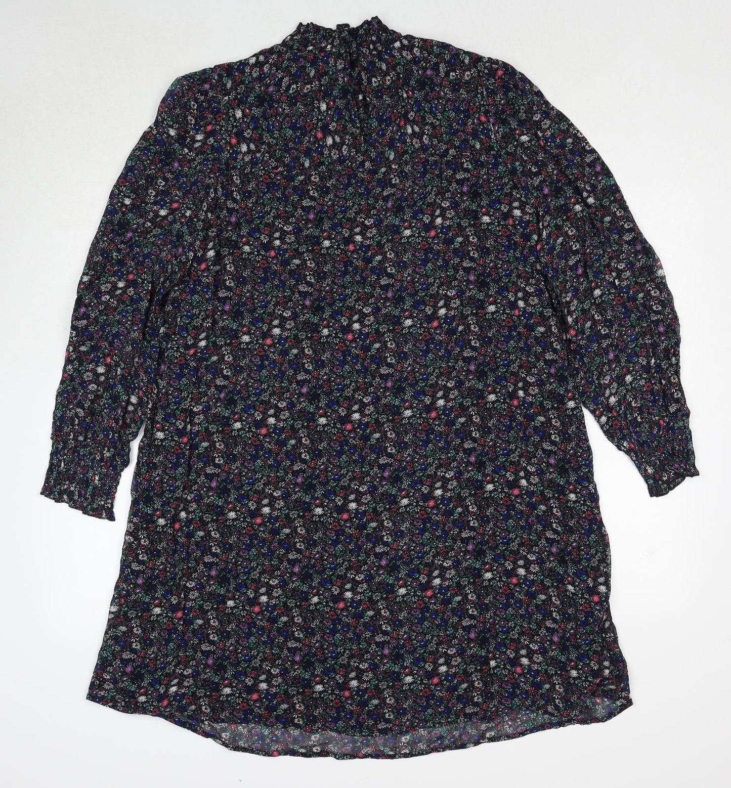 Marks and Spencer Womens Black Floral Viscose A-Line Size 8 Mock Neck Button