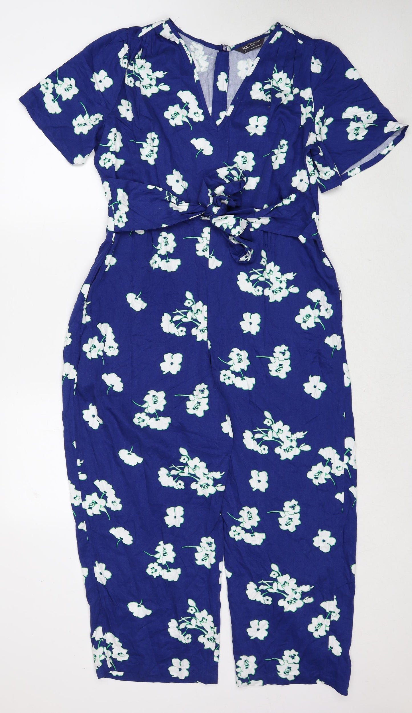 Marks and Spencer Womens Blue Floral Viscose Jumpsuit One-Piece Size 16 Zip - Tie Front Detail